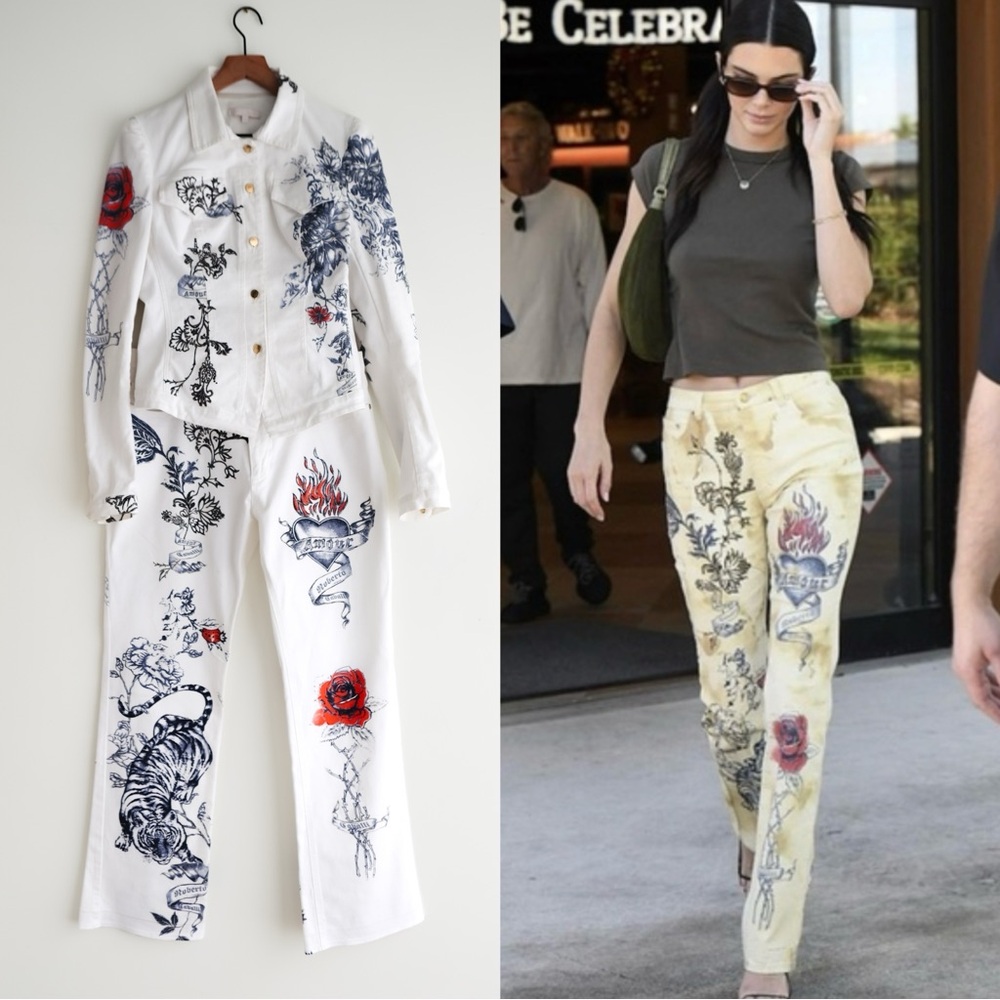 Roberto Cavalli Denim Set Jacket + Matching Pants Iconic tattoo print sz 44 / L